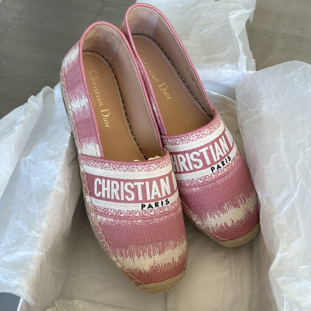 Christian Dior Granville logo espadrille flats linen pink beige sz 37.5 with box - Picture 7 of 10